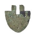 Belt fitting made of cast bronze. The triangular shape suggests that this was the strap end which was fastened to the leather of fabric using the three small holes.;