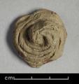 Fragment of figure made of grey brown clay. Curled spiral that rises to point at centre. It represents a ringlet from the hair of the Buddha which, according to legend, grew back curly after he cut it as sign of his renunciation of earthly life.