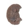 Fragment of clay relief plaque showing a seated Buddha. He has a head nimbus enclosed by a plain band and is shown seated against a  vesica bordered by lotus petals. His legs are crossed, the eyes closed, the hands held in the meditation position (dhy_na mudr_). The plaque was made using a mould and fired. Traces of paint are still visible.;