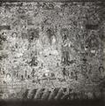 Photograph of a wall painting of Śākyamuni seated between two bodhisattvas in a paradise scene in Dunhuang Mogao Cave 200 taken by Irene Vincent in 1948.