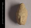 Fragment of a figurine showing the head of a Buddha with prominent protuberance (ushnisha), slightly smiling with closed eyes. The right ear is elongated, the left ear missing, the facial features are rather worn. Made of yellowish brown, strongly tempered clay with a cream-coloured slip.