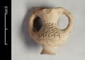 Miniature clay amphora. The object was moulded in clay and decorated with incised lines and dots on the shoulder before being fired.;
