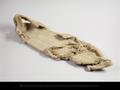A sandal made of hemp with a pointed front bending upward slightly. The sole was made with the method of weft twining, breaking at the front. This shoe is similar to the sandals of ancient Greeks and Romans with an instep consisting of several hemp threads, 3.5-6.5cm long.;___________________________________________3.5-6.5cm____________________________