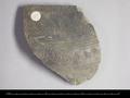 Body sherd of a vessel made of light grey clay. The outside is decorated with alternating groups of straight and groups of wavy lines.
